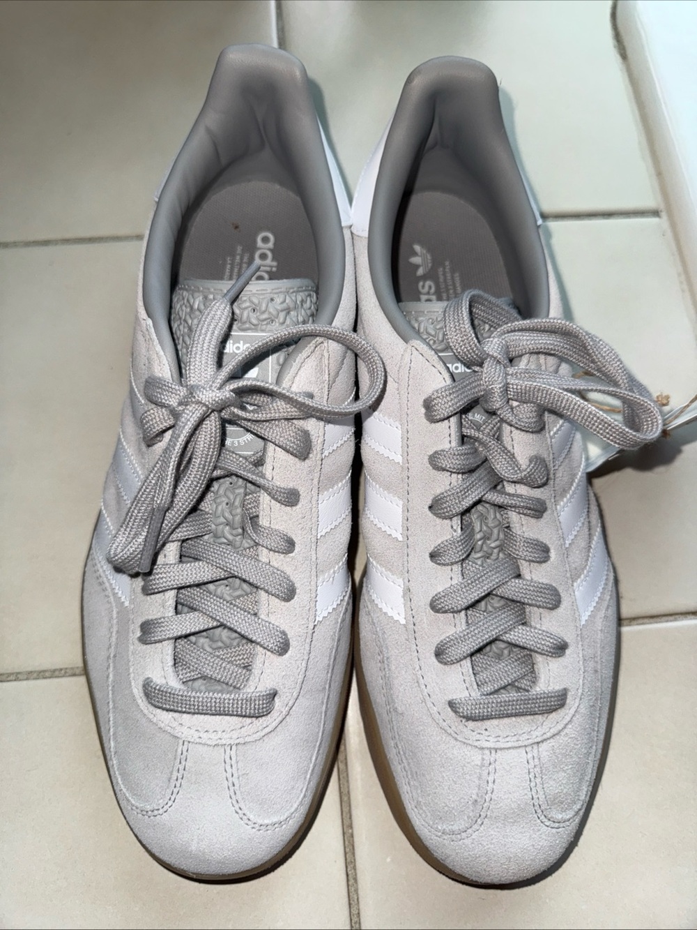 adidas Gazelle Indoor Sneakers in Light Gray and White with Gum Sole